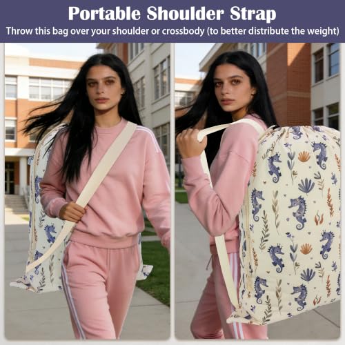 Canvas Laundry Bag with Shoulder Strap & Drawstring, 23"W x 29"H, Seahorse - color: Graceful Seahorse