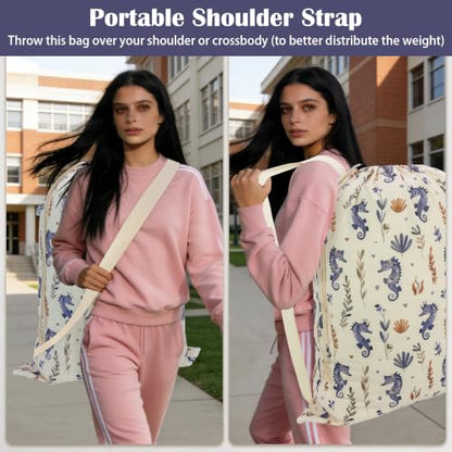 Canvas Laundry Bag with Shoulder Strap & Drawstring, 23"W x 29"H, Seahorse - color: Graceful Seahorse