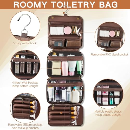 Elviros Hanging Toiletry Bag Removable Travel Bag PU leather Makeup Cosmetic Organizer Kit, Coffee - color: Coffee, size: 1 Pack