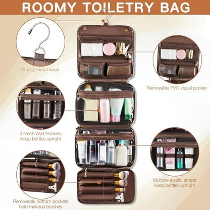 Elviros Hanging Toiletry Bag Removable Travel Bag PU leather Makeup Cosmetic Organizer Kit, Coffee - color: Coffee, size: 1 Pack