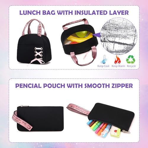 ACESAK 3PCS Teen Girls Rolling Backpack with Lunch Bag Set,Black Purple - color: Purple