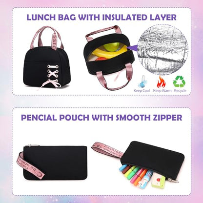 ACESAK 3PCS Teen Girls Rolling Backpack with Lunch Bag Set,Black Purple - color: Purple
