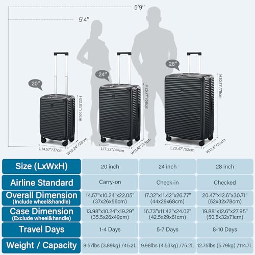 HanTrip 24 Inch Top Opening Hard Case Check in Luggage with Wheels, Black - color: Black, size: Expandable 24 Inch