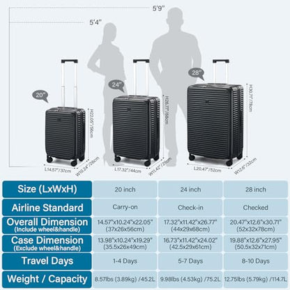 HanTrip 28 Inch Top Opening Hard Case Checked Luggage with Wheels, Black - color: Black, size: Expandable 28 Inch