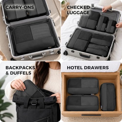 4 Piece Compression Packing Cubes for 3–7 Day Travel, Jet Black - color: Jet Black, size: 4 Pack