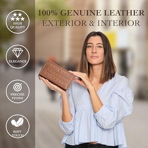 RFID Leather Wallet for Women, Genuine RFID Leather Card Holder - color: Cognac