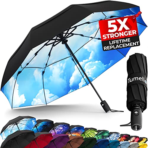 TUMELLA Strongest Windproof Travel Umbrella (Compact, 100MPH Wind-Tested), Light, Portable, One-Handed Use, Automatic Folding Rain Umbrella, Durable, Premium Grip, Fits Car & Backpack - color: 1-pack Blue Skies