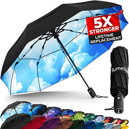 TUMELLA Strongest Windproof Travel Umbrella (Compact, 100MPH Wind-Tested), Light, Portable, One-Handed Use, Automatic Folding Rain Umbrella, Durable, Premium Grip, Fits Car & Backpack - color: 1-pack Blue Skies