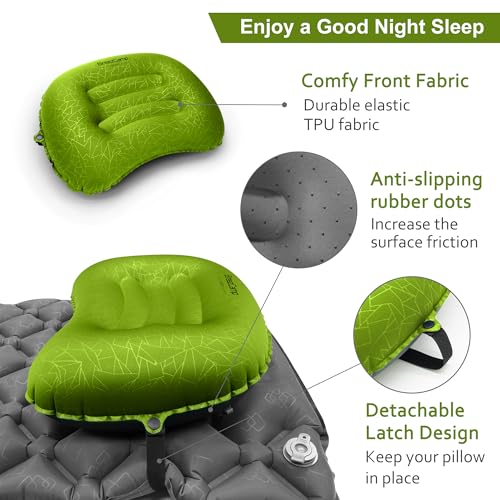 Inflatable Camping Pillow, Travel Blow Up Air Pillow, Neck Lumbar Support Ultralight Compact Pillow for Outdoor Hiking Backpacking Car Beach Airplane Sleeping Essentials, Green - color: Green