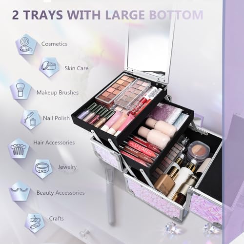 Joligrace Makeup Case Organizer Makeup Box Cosmetic Train Case with Mirror - color: Shiny Purple