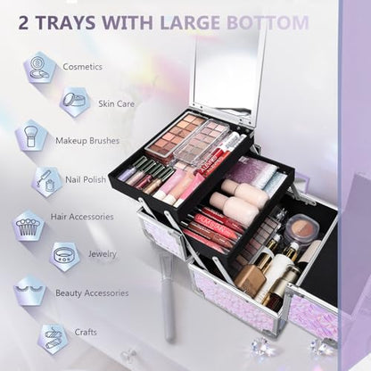 Joligrace Makeup Case Organizer Makeup Box Cosmetic Train Case with Mirror - color: Shiny Purple