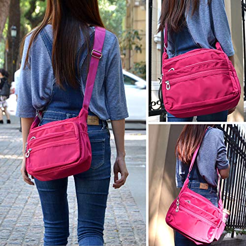 Crossbody Bag for Women Waterproof Shoulder Bag Multi Pockets Nylon Purse - color: Pink-s
