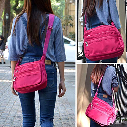 Crossbody Bag for Women Waterproof Shoulder Bag Multi Pockets Nylon Purse - color: Pink-s