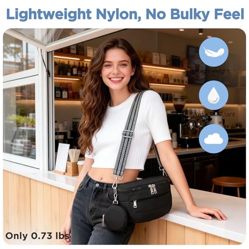 Crossbody Bum Bag for Women, Lightweight Puffy Purse Travel Black - color: Black