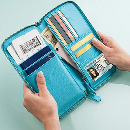 Travel Document Organizer - RFID Passport Wallet Case Family Holder Id Wristlet - color: Family Aqua Blue