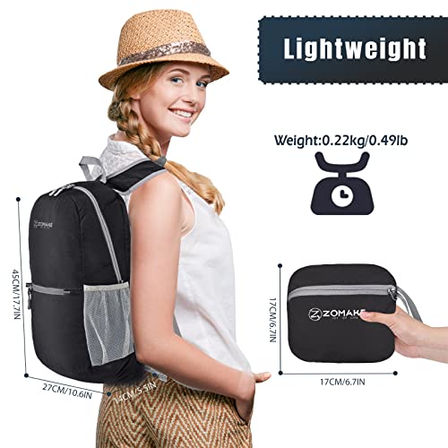 ZOMAKE Lightweight Packable Backpack, Foldable Small Travel Day Pack - color: Black