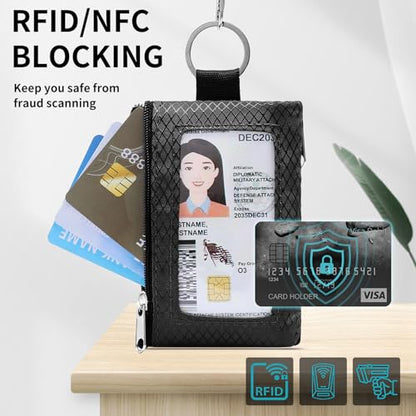 SENDEFN Minimalist Lanyard Keychain Wallet for Women, RFID Blocking WaterResistant Zip Credit Card Holder with ID Window - color: 2-Black