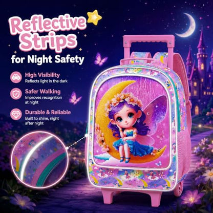 AGSDON 3PCS Kids Rolling Backpack, Girls Roller Wheels Bookbag, Wheeled Elementary School Bag with Lunch Bag - Mermaid - color: Moon Xn Zifa Roller