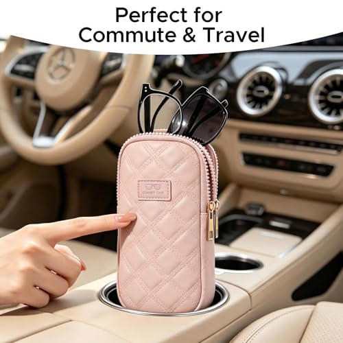 KINIVA Double Eyeglass Case for Men Women, 2-in-1 PU Dual Sunglasses Case, Scratch-Proof Travel Eyeglass Holder for Purse Car - style: Pink Lozenge
