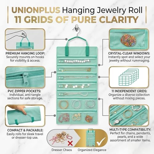 UnionPlus Velvet Jewelry Roll Organizer, 11 Grids, Ice Green - color: Ice Green, size: 11-Grids