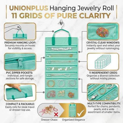 UnionPlus Velvet Jewelry Roll Organizer, 11 Grids, Ice Green - color: Ice Green, size: 11-Grids
