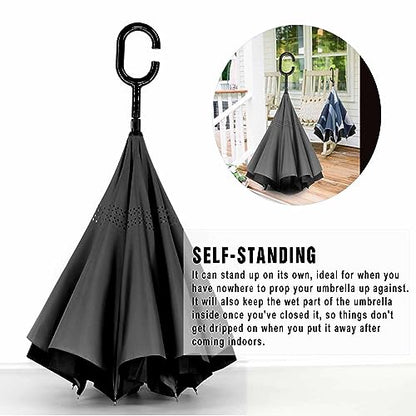 SIEPASA 49/56 Inch Inverted Reverse Upside Down Umbrella, Extra Large Double Canopy Vented Windproof Waterproof Stick Golf Umbrellas with C-shape Handle. - color: Black, size: 56 Inch