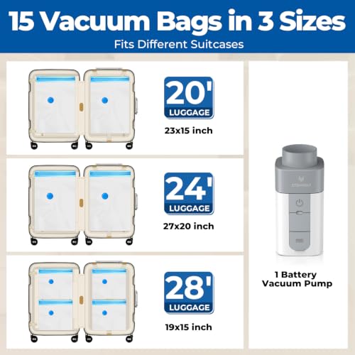 ETENWOLF 15 Combo Vacuum Storage Bags for Travel with Wireless Pump - size: 15 Travel Size-E