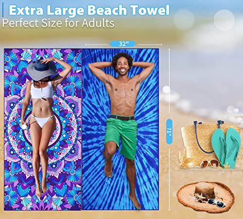 Microfiber Beach Towel Oversized 71x32, Thin, Blue with Bag 2 Pack - color: 2 Pack Tie Dye Mandala