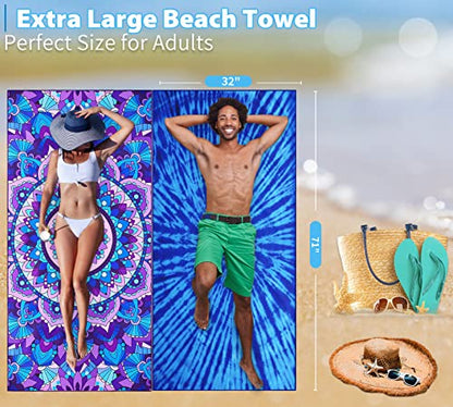 Microfiber Beach Towel Oversized 71x32, Thin, Blue with Bag 2 Pack - color: 2 Pack Tie Dye Mandala