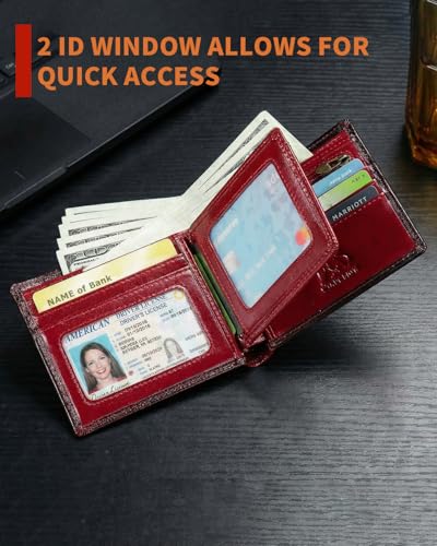Men's Cowhide Leather RFID Wallet, Slim Bifold (Red) - color: Red