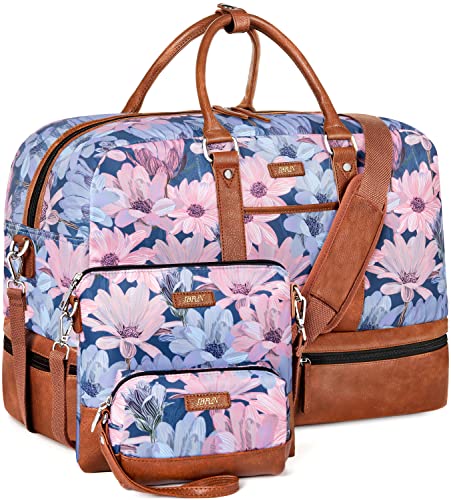 IBFUN Weekender Bags for Women, 3PCS Travel Set with Shoe Compartment 21.6 - color: A07-brown+blue flower