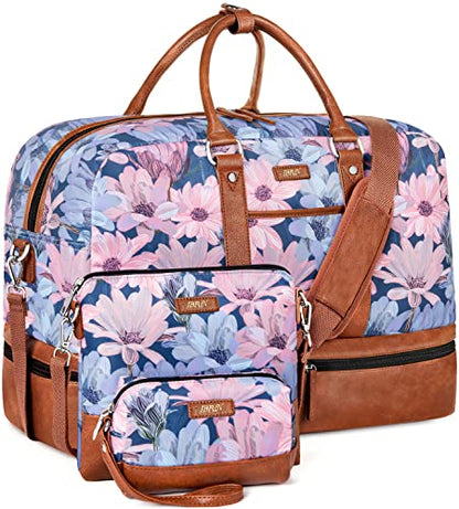 IBFUN Weekender Bags for Women, 3PCS Travel Set with Shoe Compartment 21.6 - color: A07-brown+blue flower