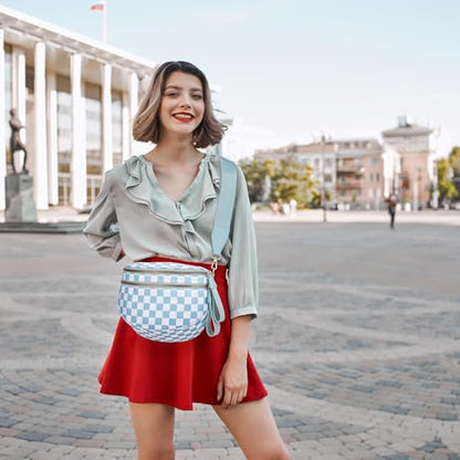 Pure Colour Crossbody Bum Bags for Women Spacious Checkered Cross body Bag Nylon Trendy Fanny Pack for Travel - color: Light Blue Checkered