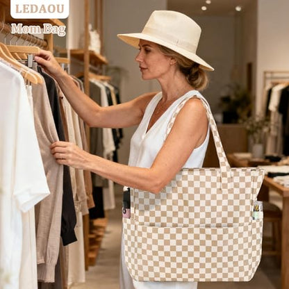 LEDAOU Large Beach Bag for Women, Waterproof Sandproof Tote Bag with Zipper - color: Brown