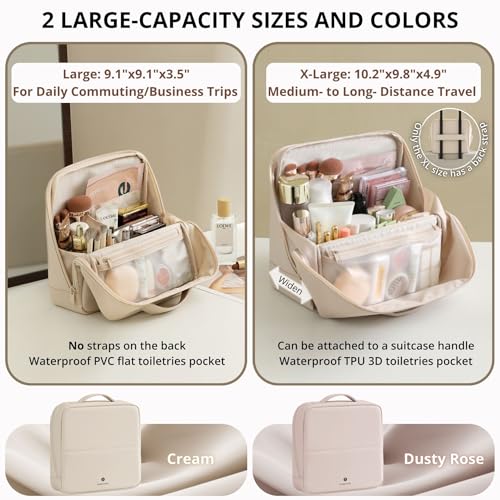 tianzong Travel Makeup Bag with Magnetic Fold-Down Flap, Waterproof Leather Cosmetic and Toiletry Organizer for Women, Multi-Zone Standing Storage, Cream, Large - color: L-Cream