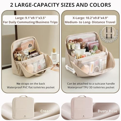tianzong Travel Makeup Bag with Magnetic Fold-Down Flap, Waterproof Leather Cosmetic and Toiletry Organizer for Women, Multi-Zone Standing Storage, Cream, Large - color: L-Cream