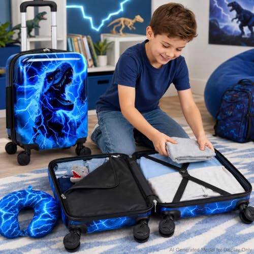 UFNDC Lightweight Hardshell Spinner Luggage Set for Kids 2PCS with Wheels - Airplane Approved Carry-On Suitcase for Boys Ages 3-10, Lightning Dinosaur Rolling Suitcases for Elementary Toddler Travel - color: Blue Lightning Dinosaur Luggage 2PCS Set