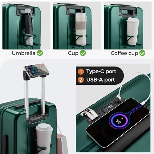 Carry On Luggage Top Opening with Cup Holder & Phone Holder, Expandable PC Hard Shell Suitcase with USB Charging Port, Side Hook, 360° Spinner Wheels, TSA Lock & YKK Zippers - color: Dark Green