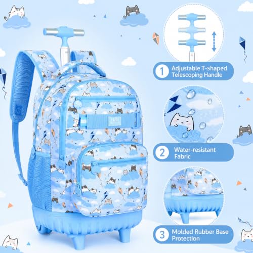 KLFVB Rolling Backpack for Girls and Womens, 3PCS Roller Bookbag with Lunch Bag for Kids, Wheeled School Bag for Children - Blue Cloud Cat - color: Blue Cloud Cat