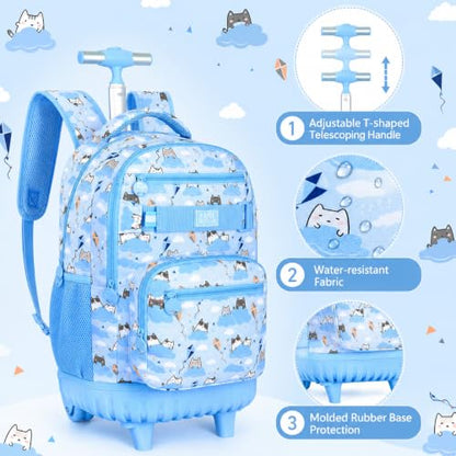 KLFVB Rolling Backpack for Girls and Womens, 3PCS Roller Bookbag with Lunch Bag for Kids, Wheeled School Bag for Children - Blue Cloud Cat - color: Blue Cloud Cat