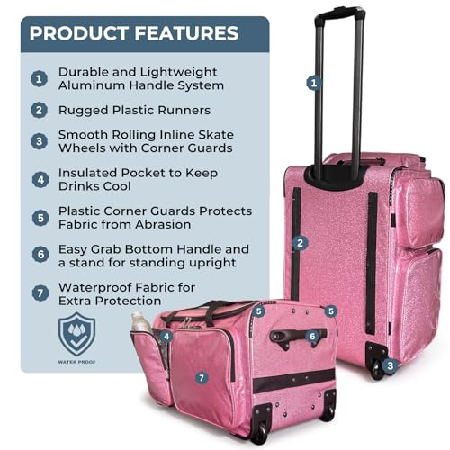 Travolution NEW Glittering Dance Bag with Garment Rack, 23 Inch Rolling Duffel With Wheels, Ideal for Competitions & Travel, Easy-assembly Lightweight Aluminum Clothes Rack (Glitter Pink) - color: Glitter Pink 23"