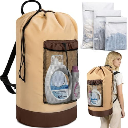 150L Laundry Bag Backpack with 3 Sizes Mesh Wash Bags and Shoulder Straps - color: Khaki, size: 150L