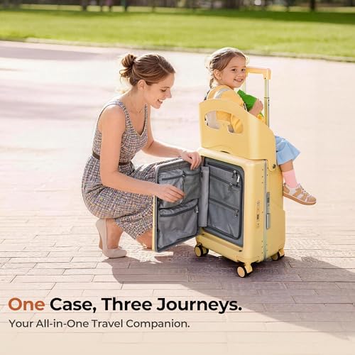 20" Ride-On Luggage with Child Seat, Hardside Carry-On Suitcase with Front Access Shockproof Silent Spinner Wheels, TSA Lock, Charging Port for Kids & Adults & Busy Moms - color: Yellow