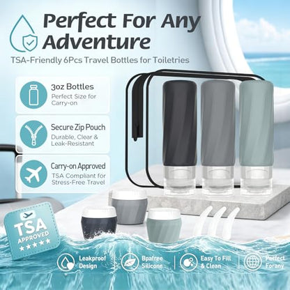 6Pcs Travel Bottles for Toiletries, Silicone Travel Size Containers Set - color: GRAY