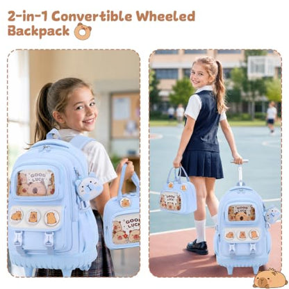 Capybara Rolling Backpack for Girls with Lunch Box & Pencil Case - color: Blue