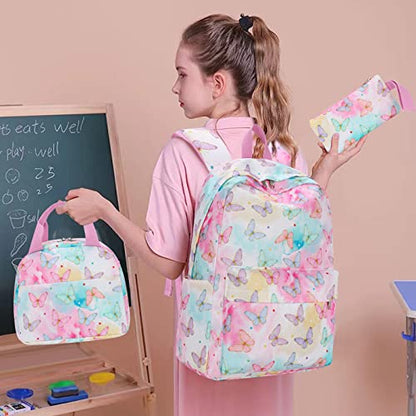 LEDAOU Backpack for Girls School Bag Kids Bookbag Teen Backpack Set Daypack with Lunch Bag and Pencil Case - color: Butterfly