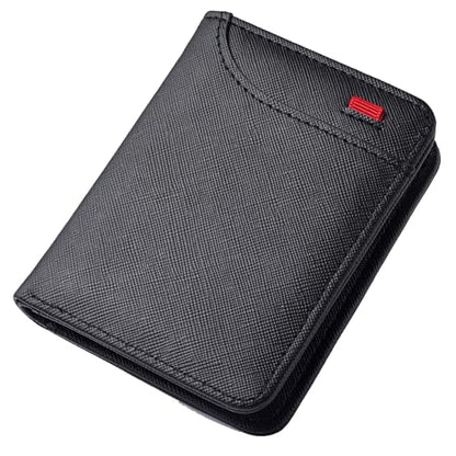 Mini Slim Wallet 5 Card Slots ID Window 1 Money Pocket Faux Leather Thin Compacted - color: Black Cross Grain