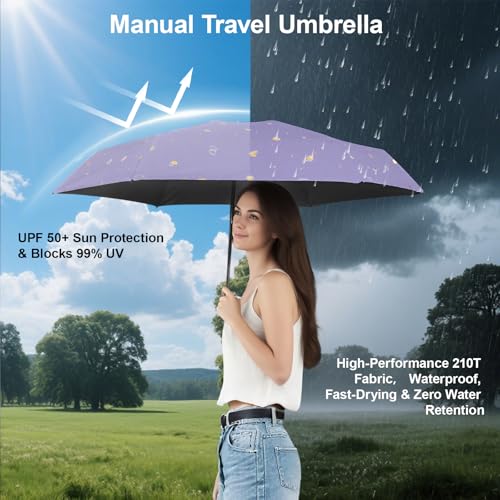 Mini Travel Umbrella, UPF 50+ Purse Umbrella with Case and Carabiner - color: Purple
