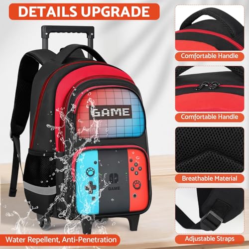 TILYTADLY Boys Rolling Backpack for Kids - Gamer Kids Rolling Backpack with Wheels for Elementary Middle School - Roller School Bookbag,HFHTDC Wheeled Travel Bag for Boys Aged 6-18 - color: 2c-red-blue-backpack Only