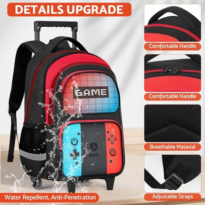 TILYTADLY Boys Rolling Backpack for Kids - Gamer Kids Rolling Backpack with Wheels for Elementary Middle School - Roller School Bookbag,HFHTDC Wheeled Travel Bag for Boys Aged 6-18 - color: 2c-red-blue-backpack Only